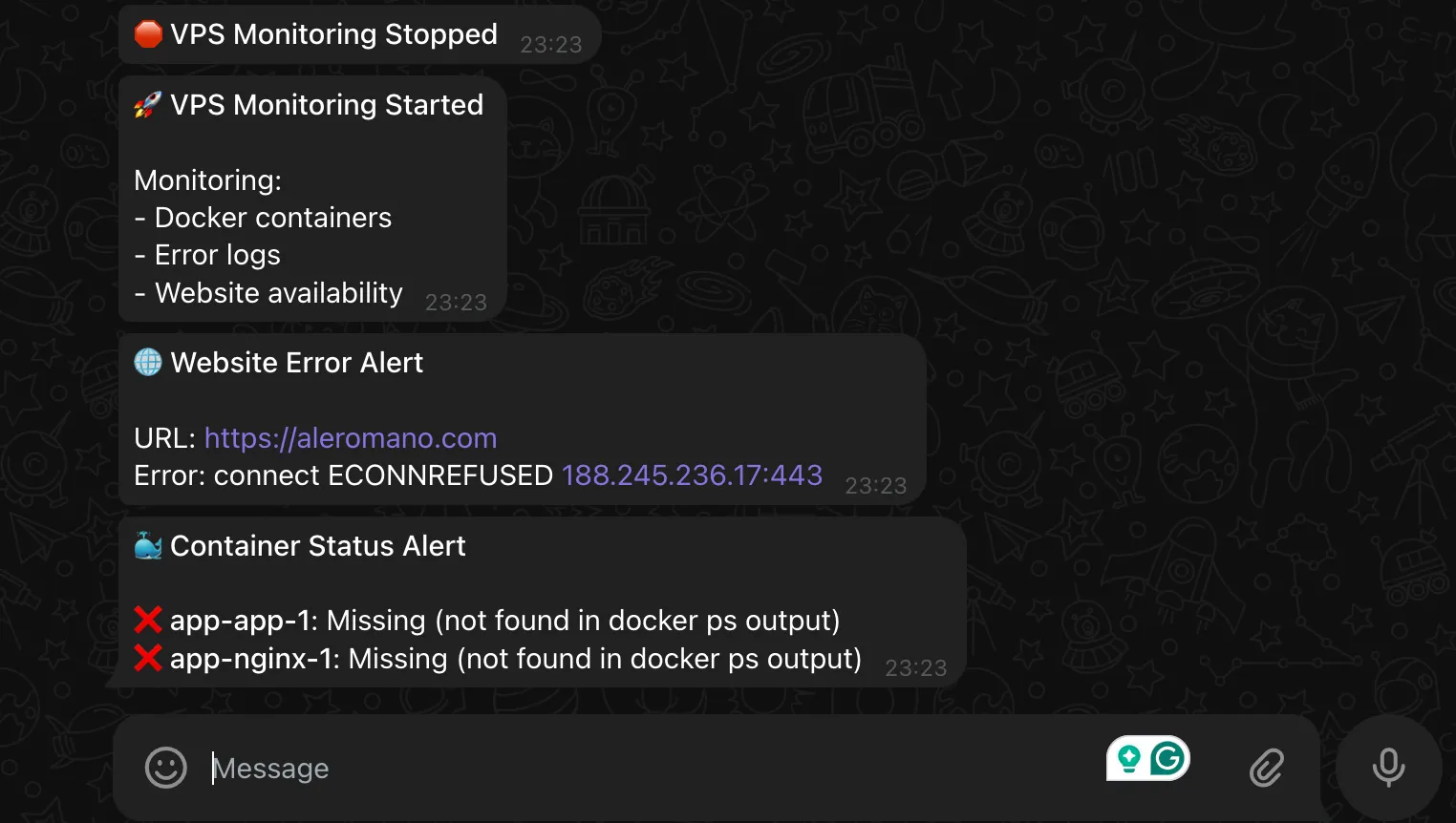 Avvisi Telegram dopo l'arresto dei container Docker
