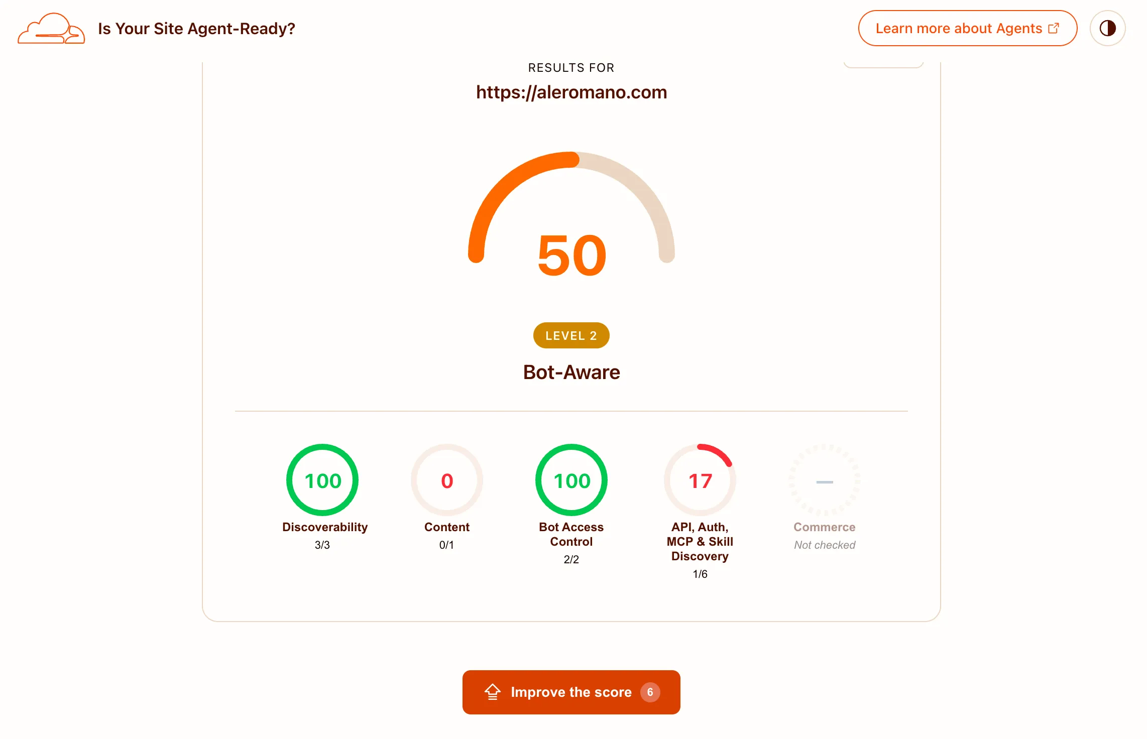 isitagentready.com scan of aleromano.com after the changes, showing a score of 50 out of 100