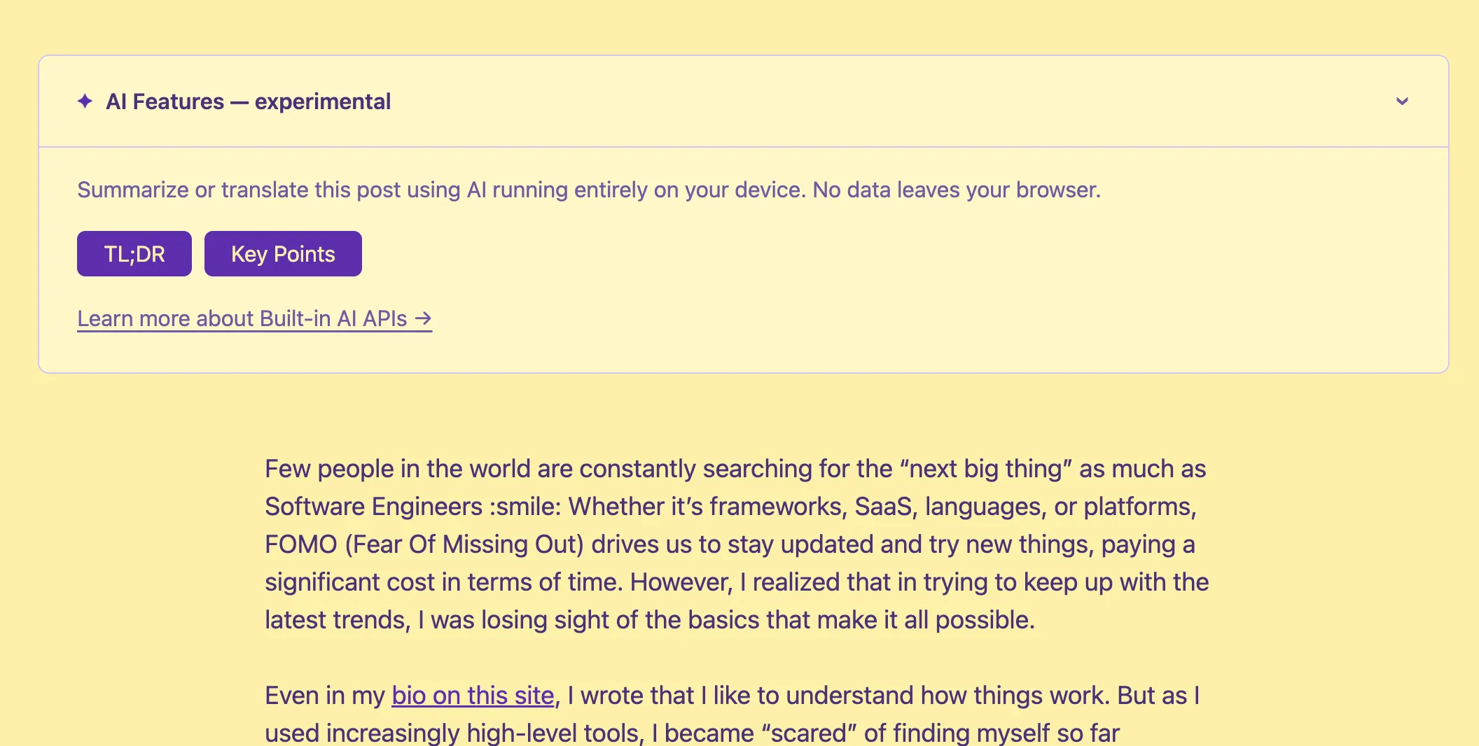 The AI Features callout at the top of a blog post, showing TL;DR and Key Points buttons