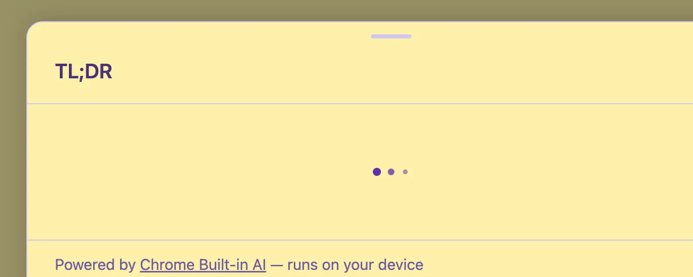 The bottom sheet panel opening with loading dots while the TL;DR is being generated