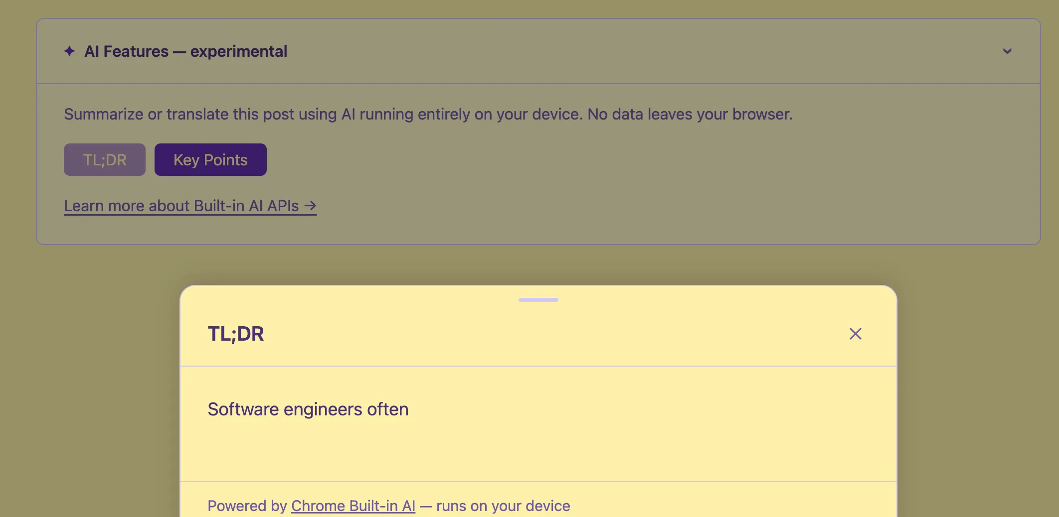 The bottom sheet streaming the first words of the TL;DR summary in real time