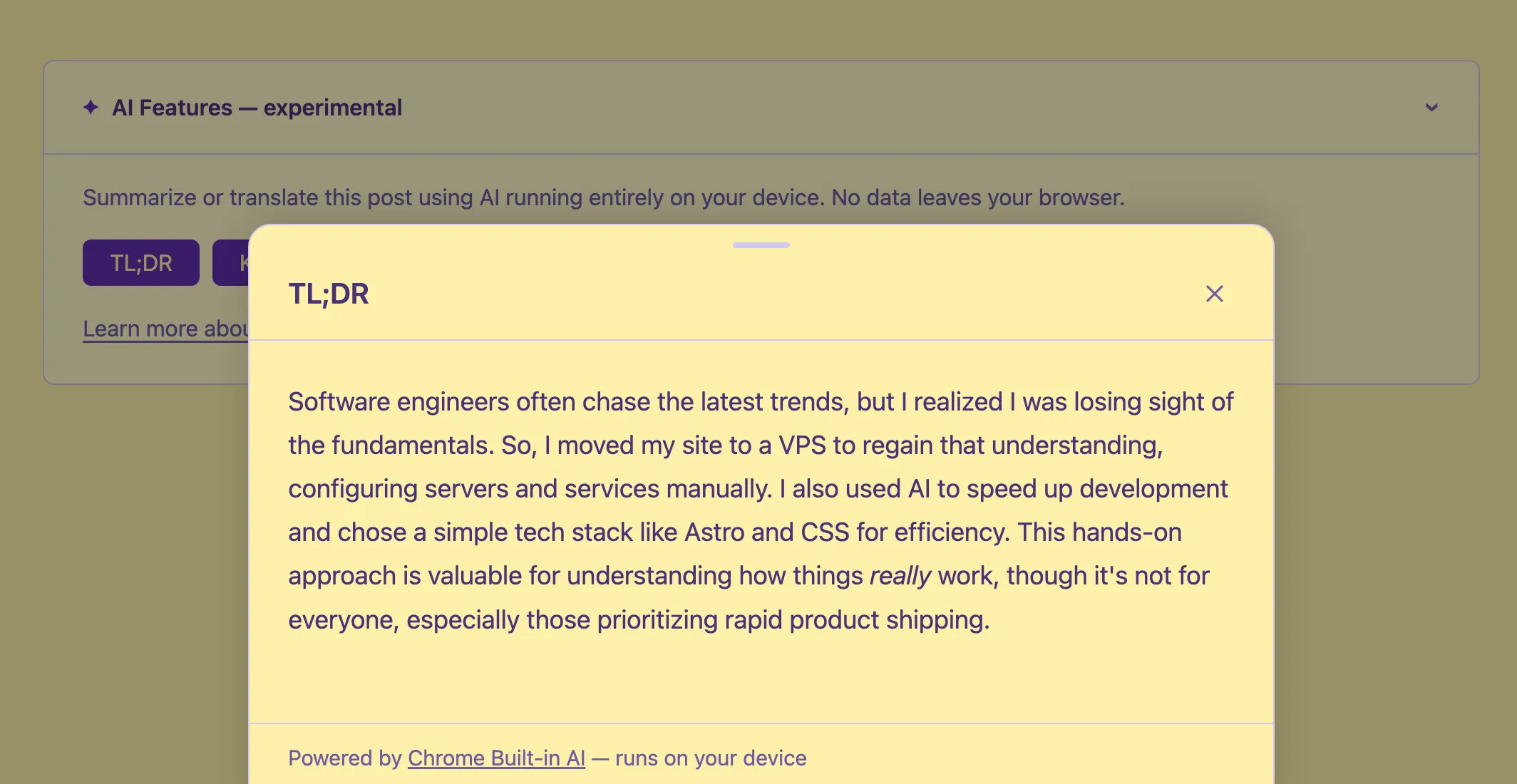 The completed TL;DR summary rendered in the bottom sheet