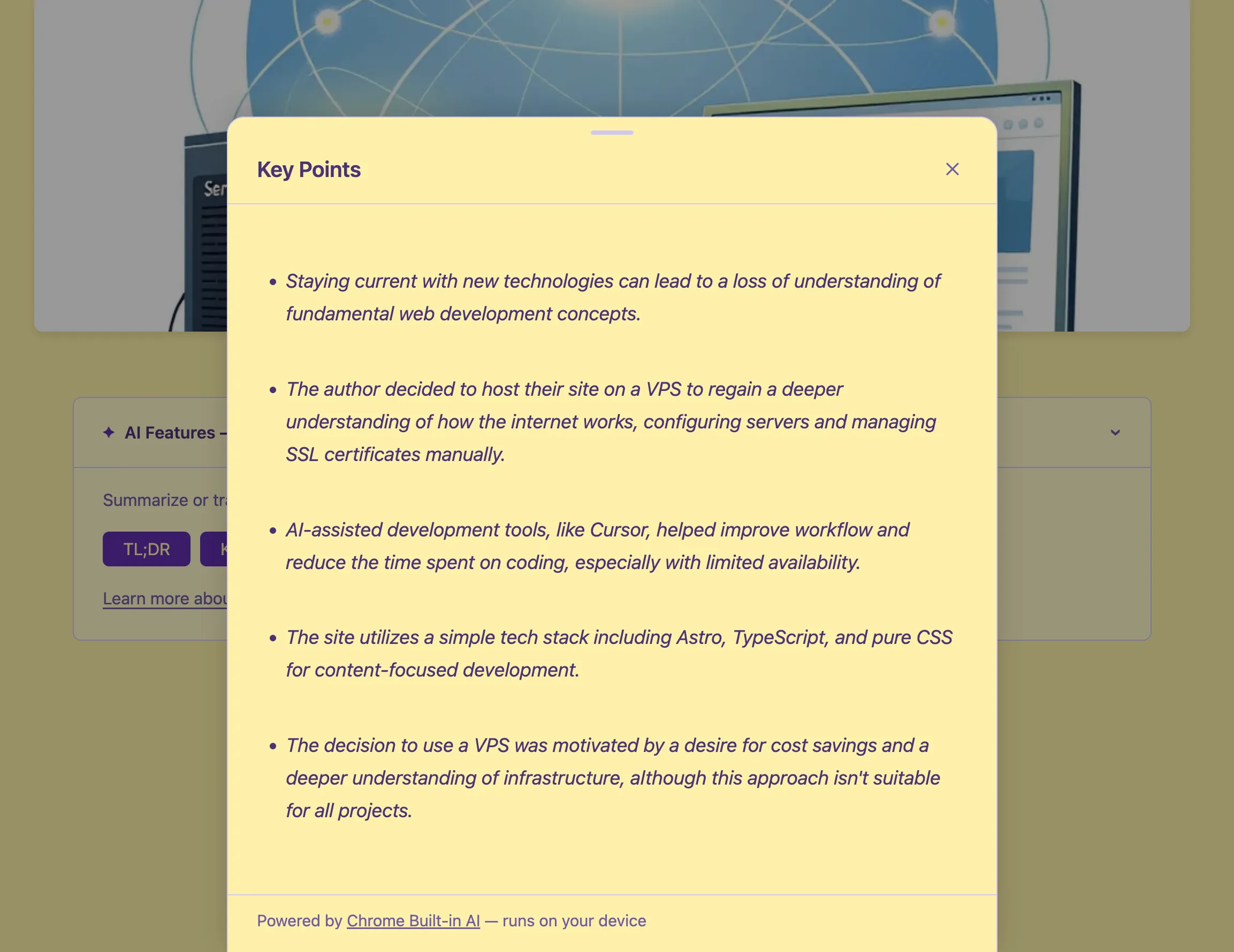 The Key Points output rendered as a bulleted list in the bottom sheet