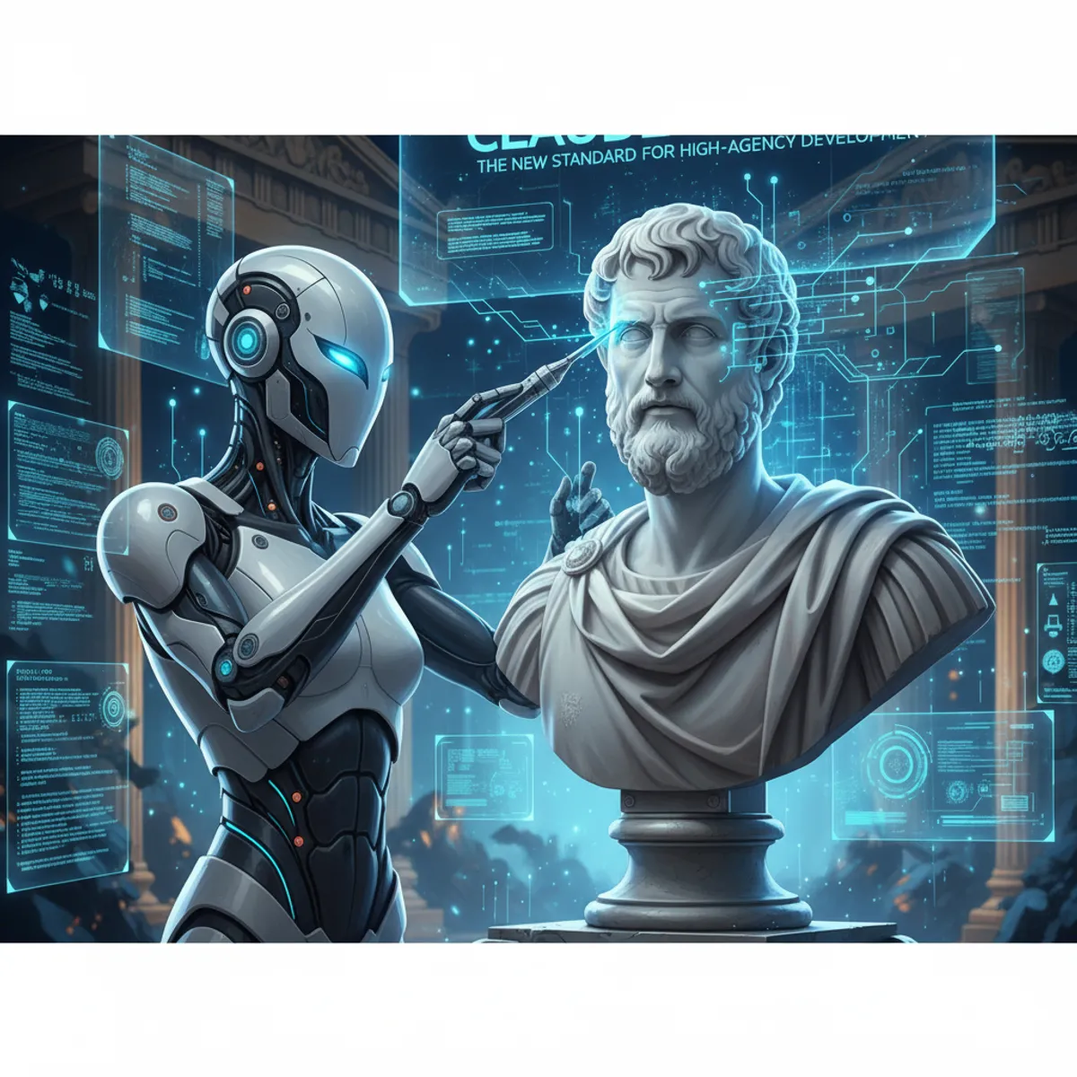 An AI-powered robot sculpting a bust of Seneca