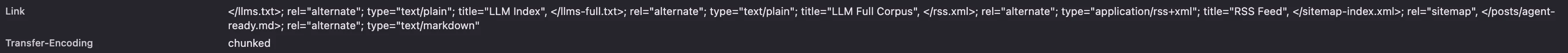 curl output showing HTTP response headers for a blog post, including Link headers pointing to the markdown alternative, RSS feed, sitemap, and LLM index files